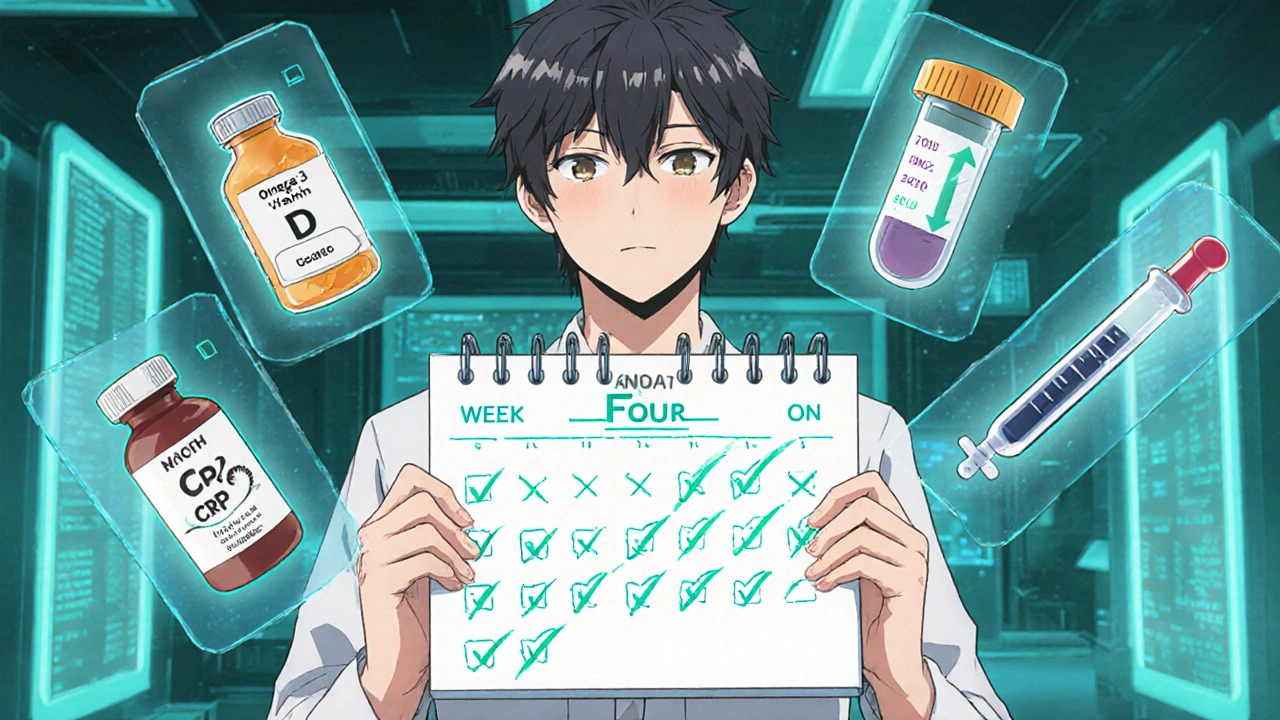 30‑day plan dashboard with supplements, test results, and clearer skin.