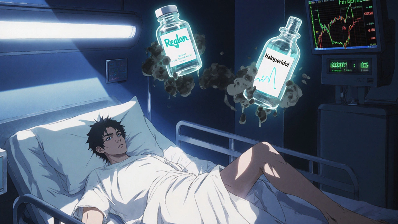 A patient in rigid spasm in a hospital room, drug bottles glowing above with fever and muscle breakdown signs.