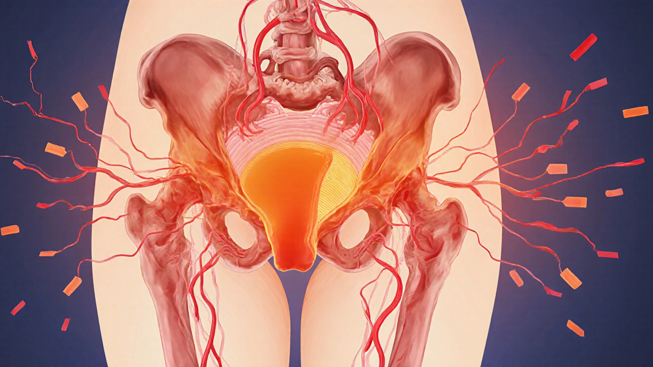 Anatomical view of a bladder with heat waves and dilated blood vessels illustrating heat therapy.