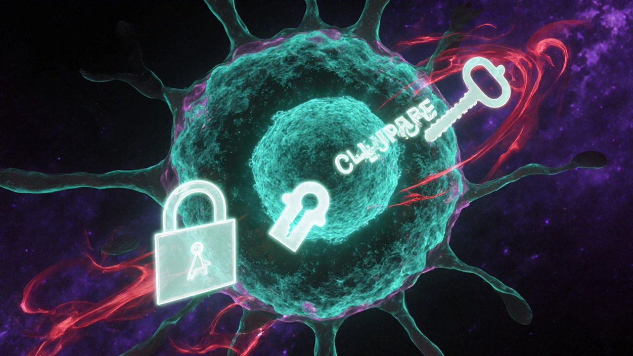 Animated view of cyclosporine blocking calcineurin in a T‑cell, stopping NFAT activation.