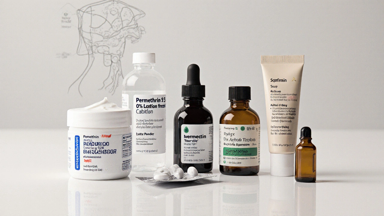 Assorted scabies and lice treatment products displayed on a white surface.
