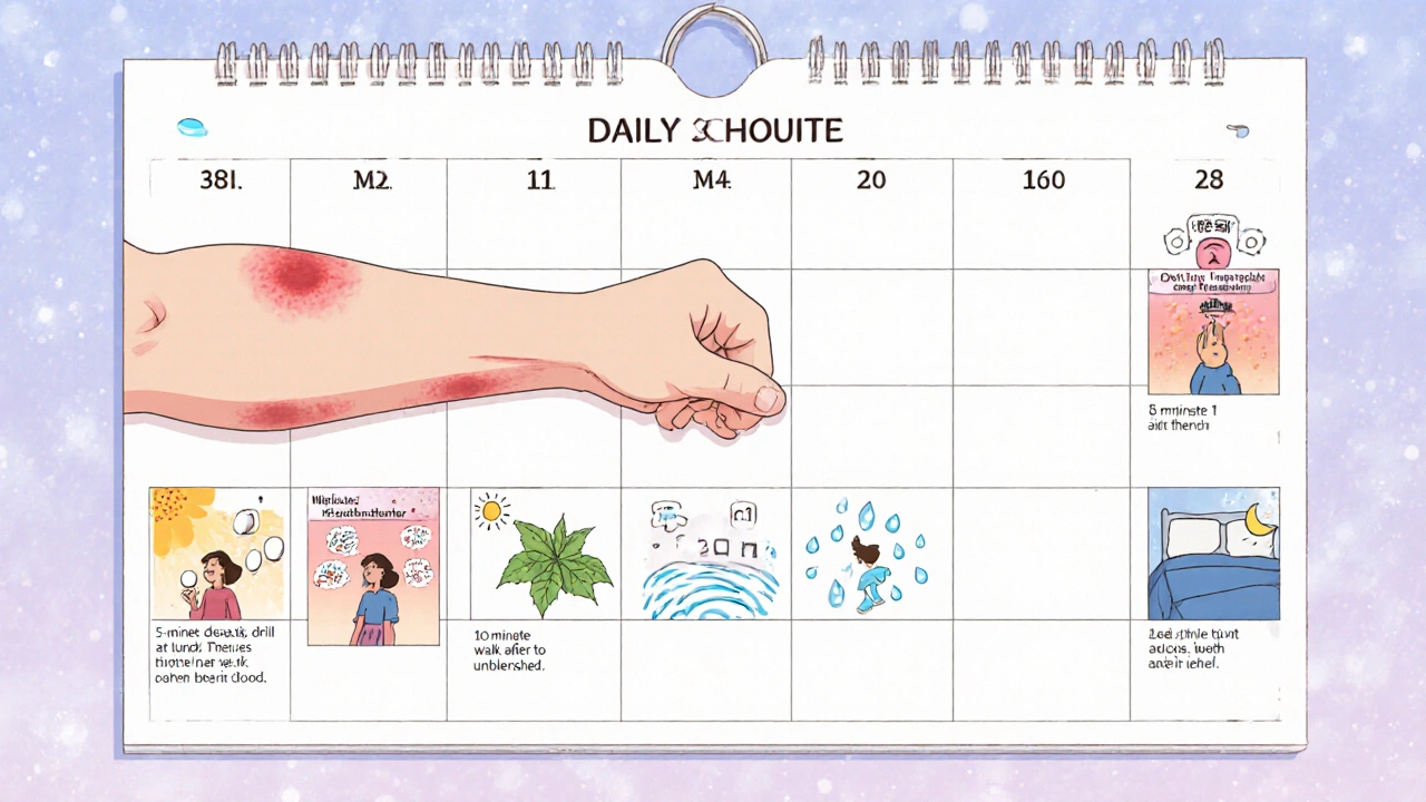 Calendar of stress‑relief activities with a forearm wound healing over three weeks.
