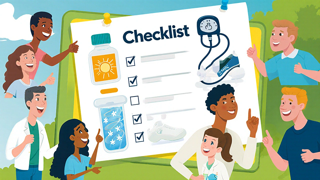 Cartoon checklist board with icons for medication, labs, doctor, and exercise.
