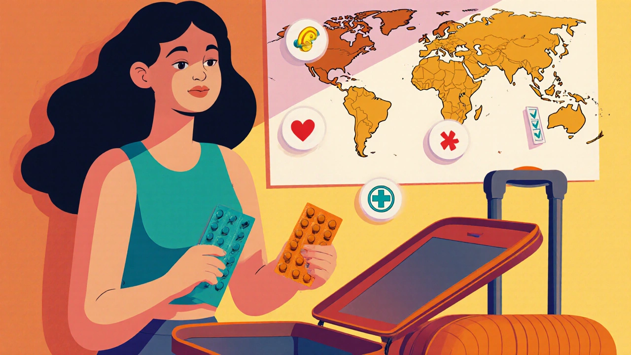 Cartoon woman packing suitcase, holding teal and orange pill packs, with floating checklist icons for acne, mood, cost and emergency use.