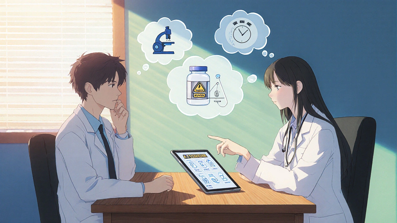 Clinician discusses antibiotic choice with patient, visual decision steps.