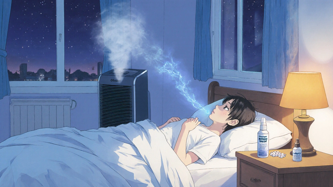 Cozy bedroom with dehumidifier, HEPA filter, bepotastine bottle, and person sleeping comfortably.