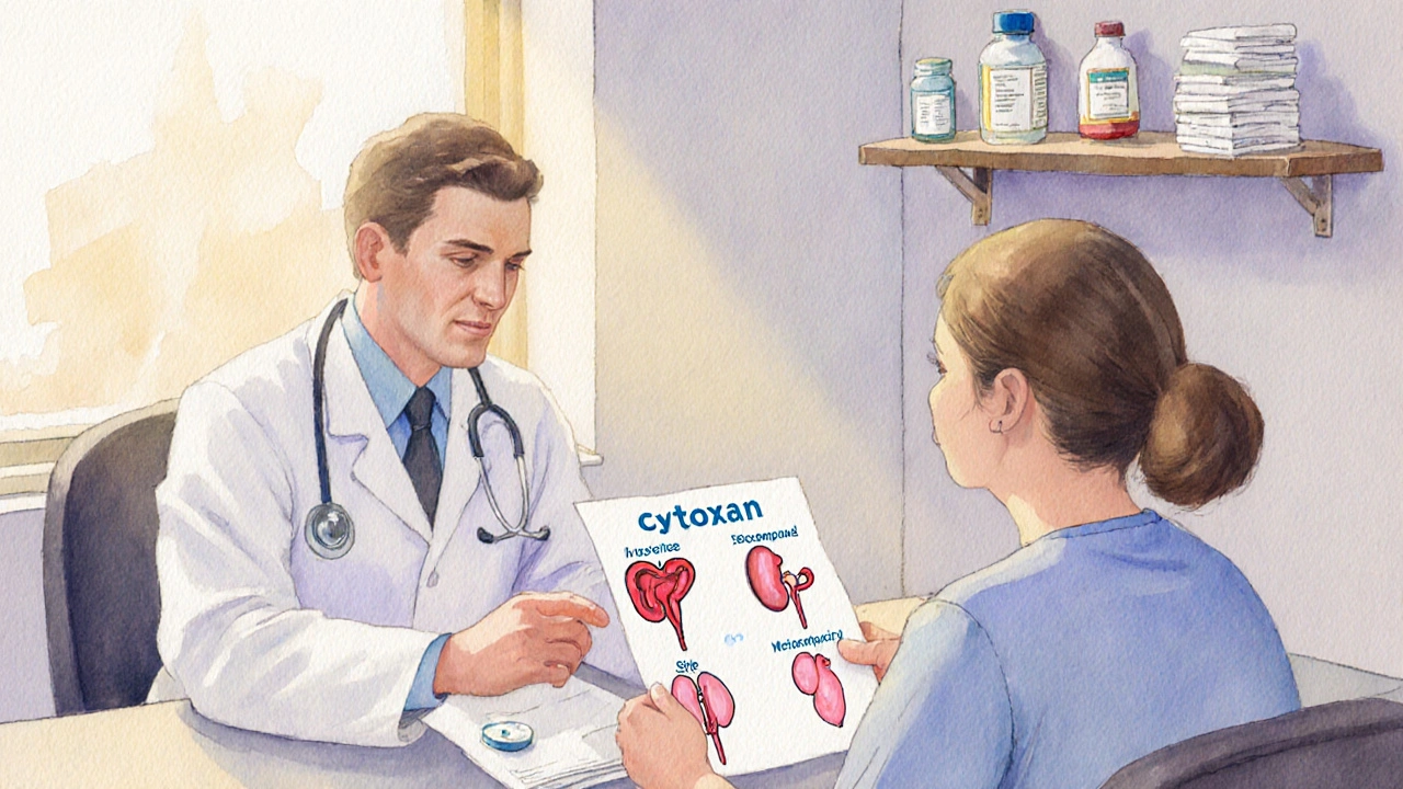 Doctor and patient discussing chemotherapy options with medication bottles and health symbols.