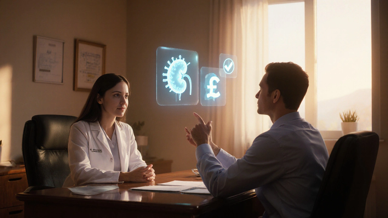 Doctor and patient discussing treatment, surrounded by floating icons for cost, kidney health, and virus.