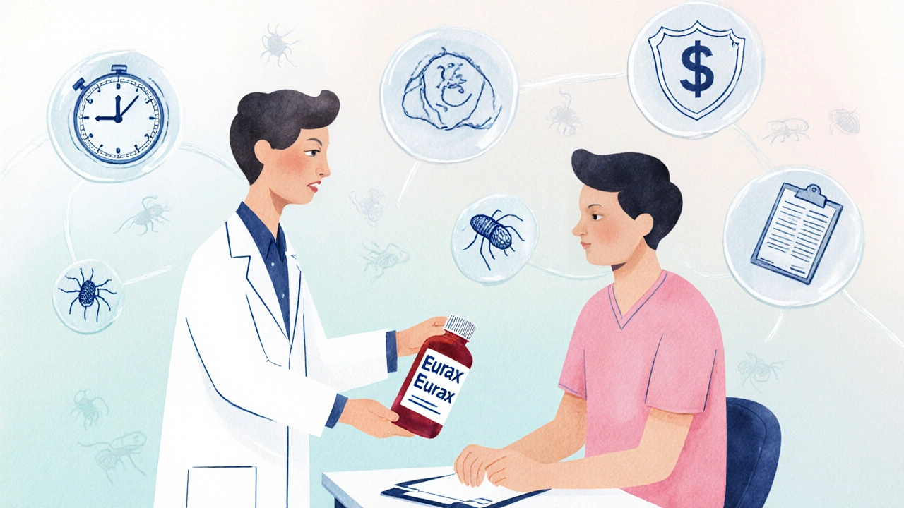 Doctor giving Eurax prescription to patient, surrounded by decision icons.