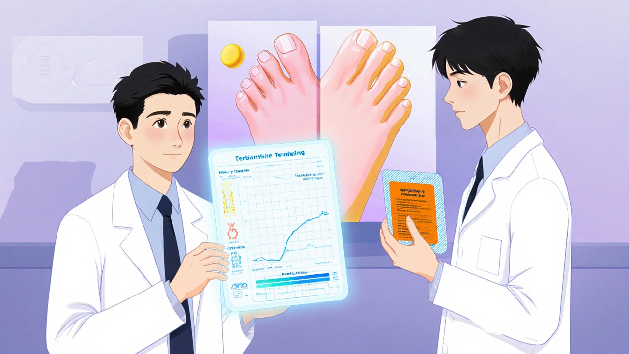 Doctor reviewing liver test results with patient holding terbinafine tablets, anime style.