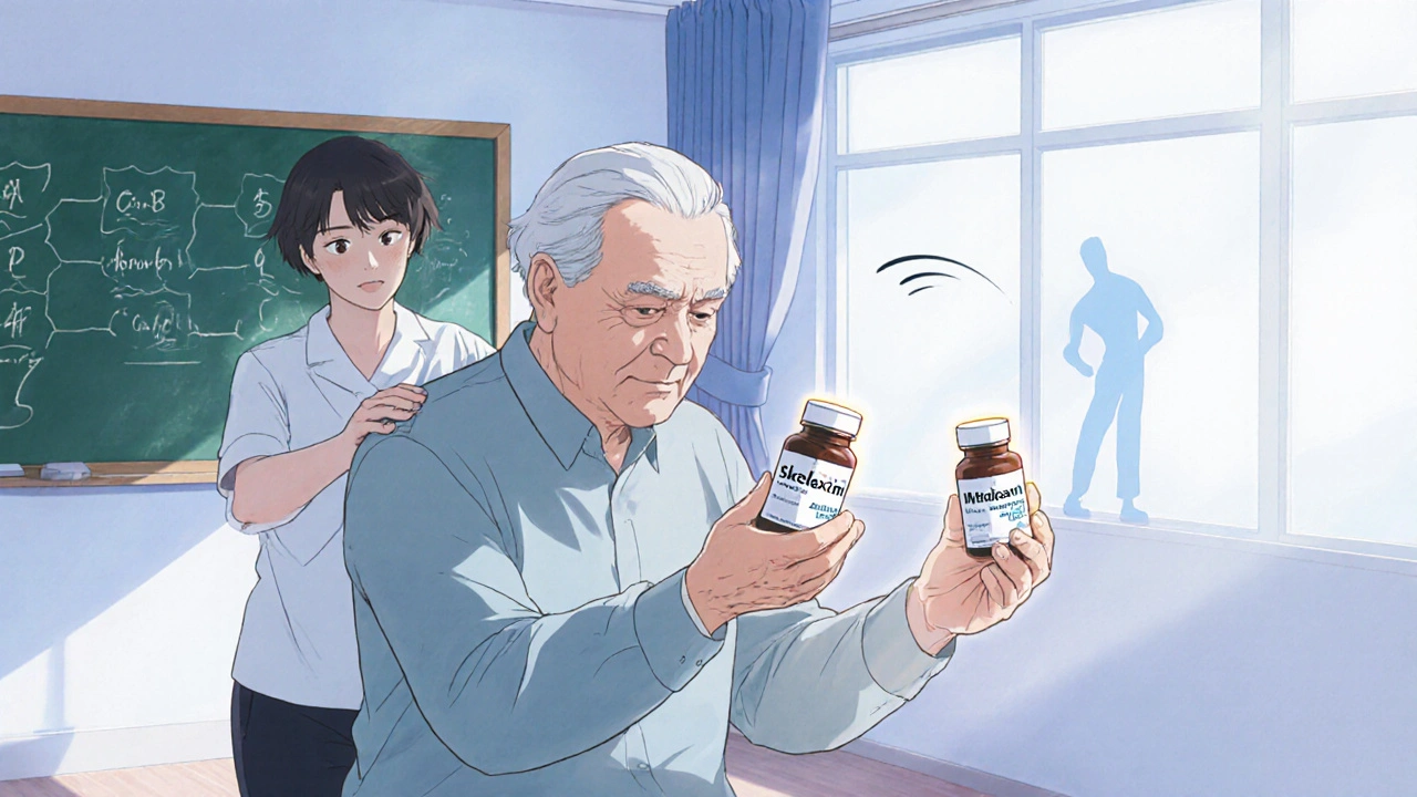 Elderly patient doing therapy stretches, holding Skelaxin and Methocarbamol bottles.