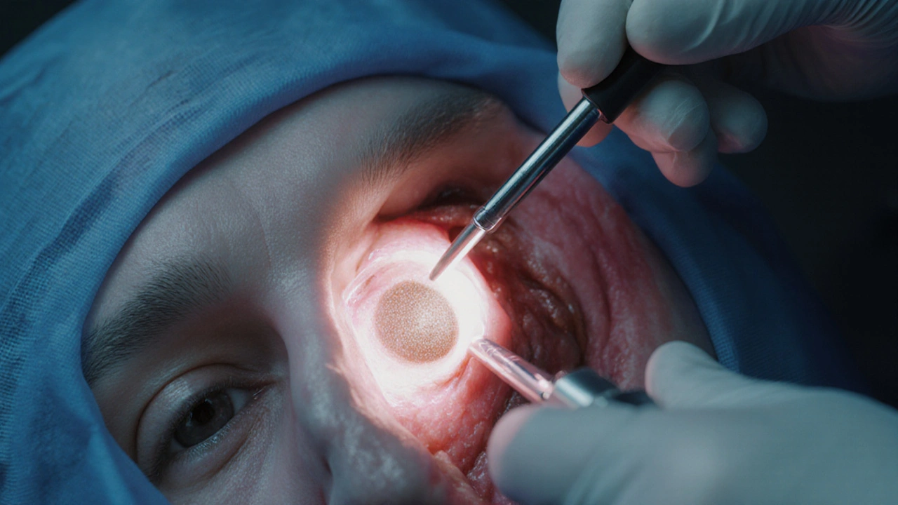 Endoscopic view of surgeon removing a pituitary adenoma through the nasal cavity.