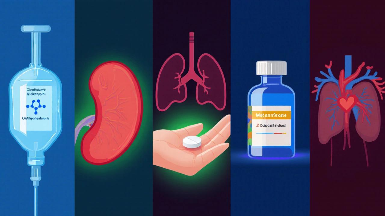 Five panels showing IV bags and tablets for Cytoxan, Ifosfamide, Chlorambucil, Methotrexate, and Doxorubicin.