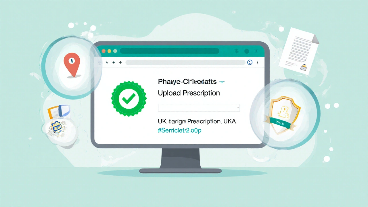 Flat design screen showing pharmacy website with checkmarks, HTTPS padlock, prescription upload field, and verification icons.
