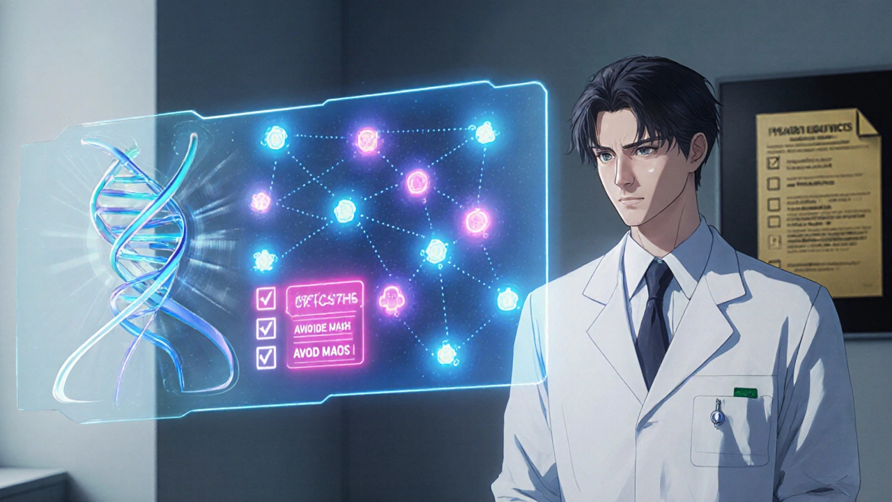 Futuristic clinic with doctor, AI hologram, DNA helix, and interaction checklist.