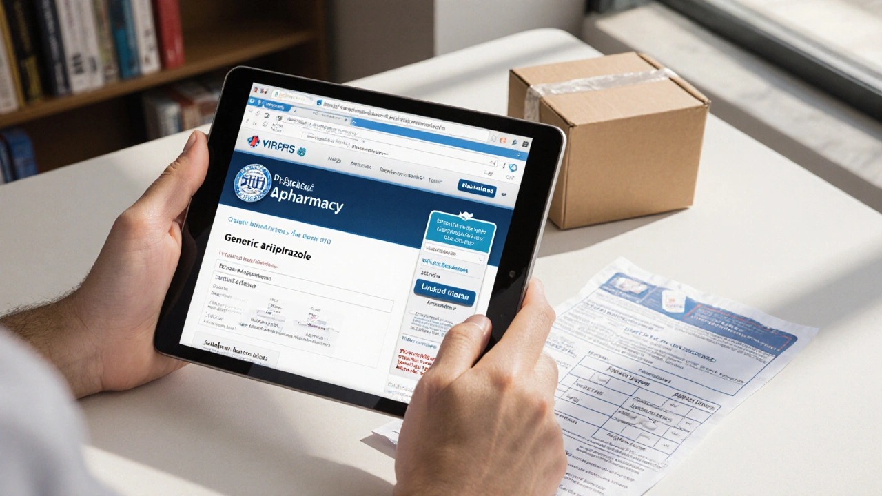 Hand holding tablet showing verified pharmacy page, prescription, and sealed medication box.