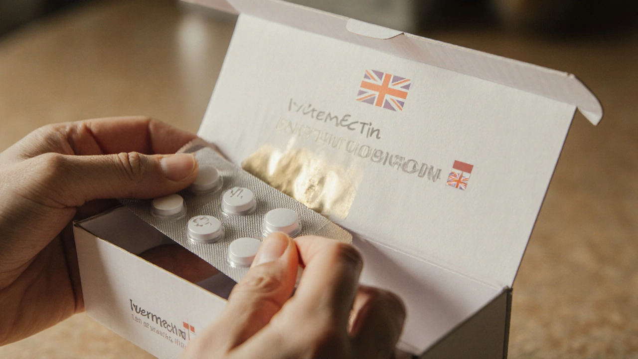 Hands opening a parcel of ivermectin tablets, revealing broken seal and tablets with &#039;IVM&#039; imprint on a kitchen counter.