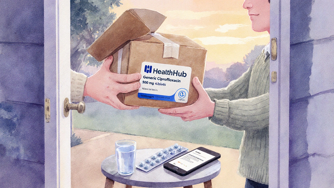 Home delivery of ciprofloxacin package, tablet pack on table with water glass.