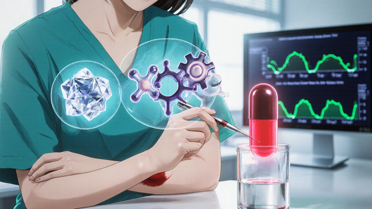 Hospital lab scene with blood draw, antacid‑antibiotic binding, and enzyme inhibition diagram.