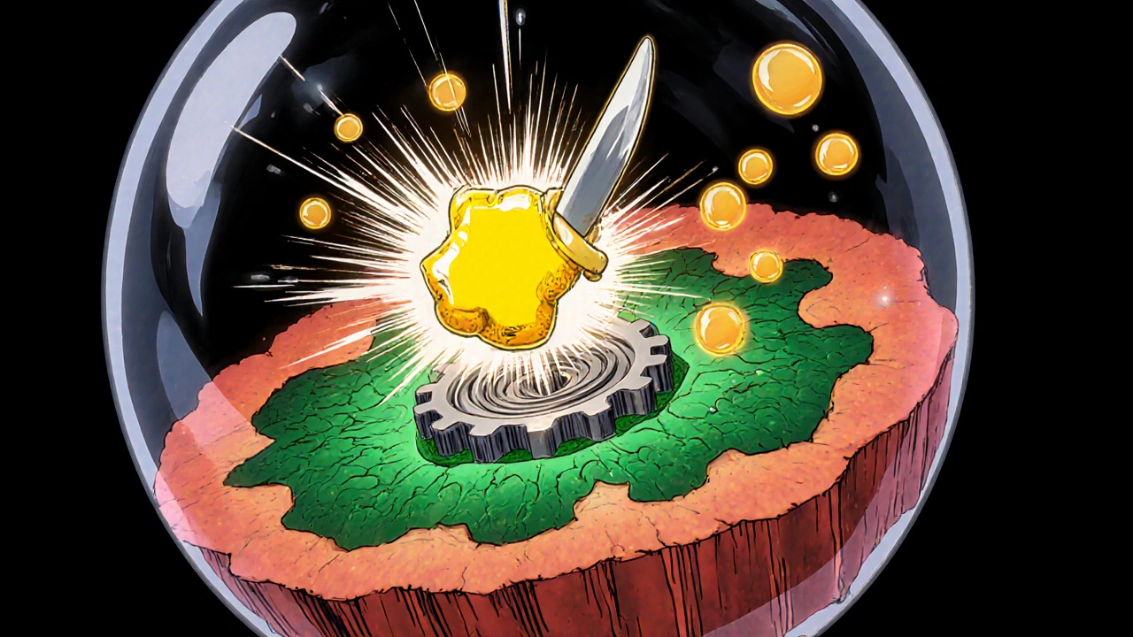 Illustration of terbinafine molecule blocking fungal squalene epoxidase, causing membrane disruption.