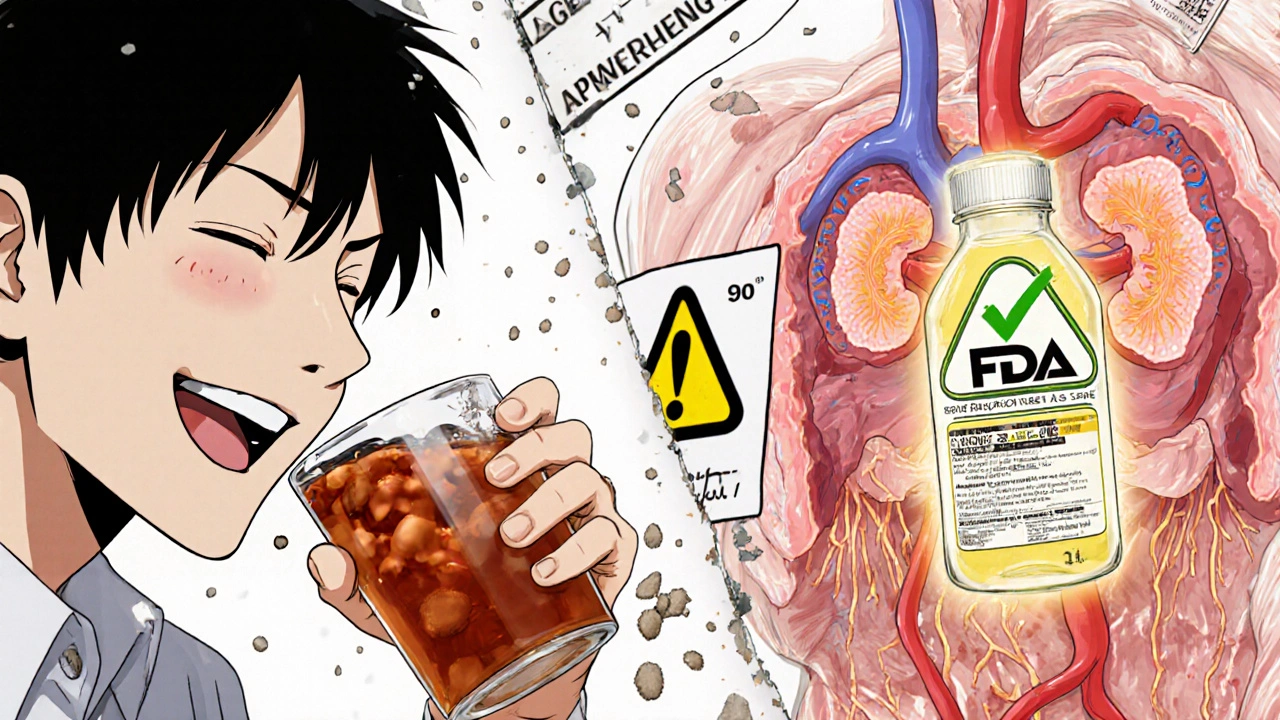 Internal body showing sodium buildup and potassium loss from licorice, with safe DGL supplement in corner.