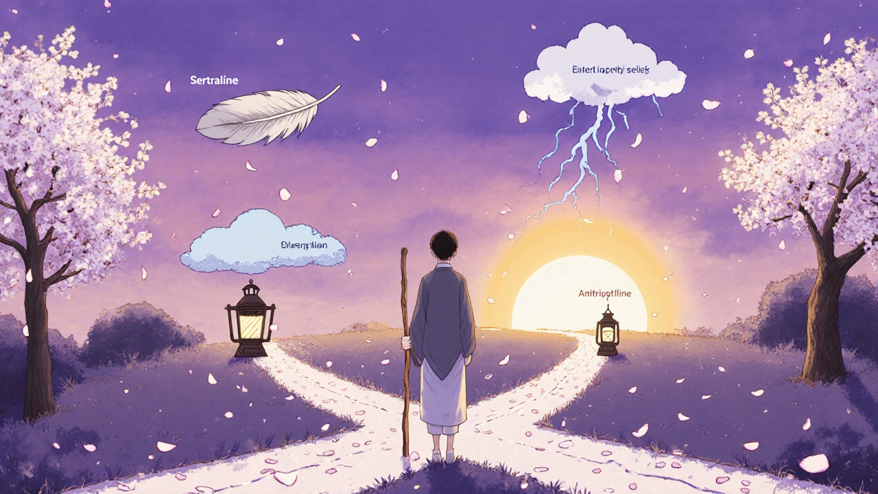 Patient at a dusk park crossroads with four paths marked by symbols for various drugs.