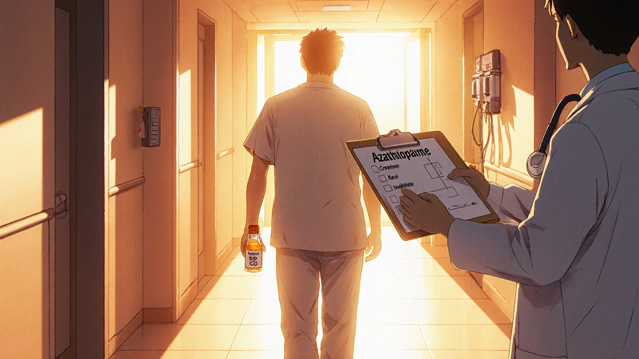 Patient leaving hospital with doctor handing maintenance medication, symbolizing recovery.