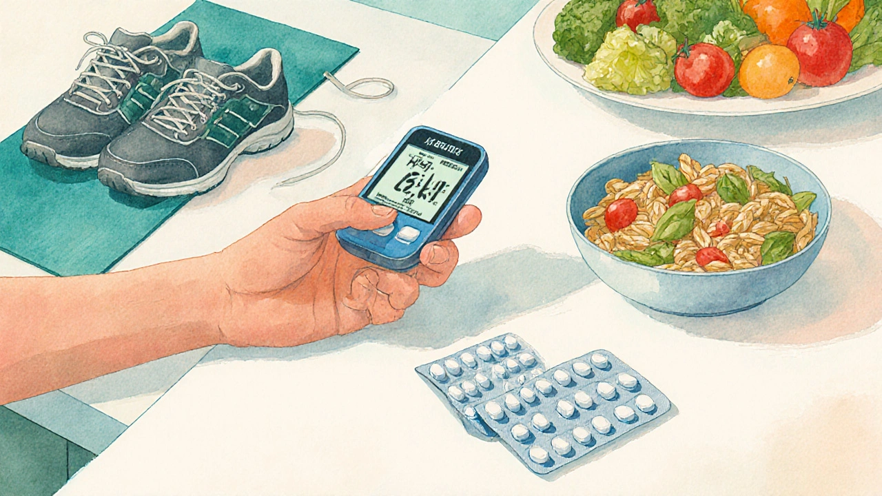 Person checking glucose monitor, with metformin pack, healthy foods, and exercise gear in a pastel watercolor scene.