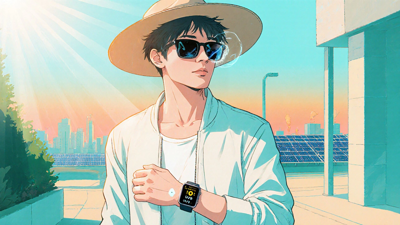 Person in full sun protection walking with smartwatch showing UV alert amid a sunny city.