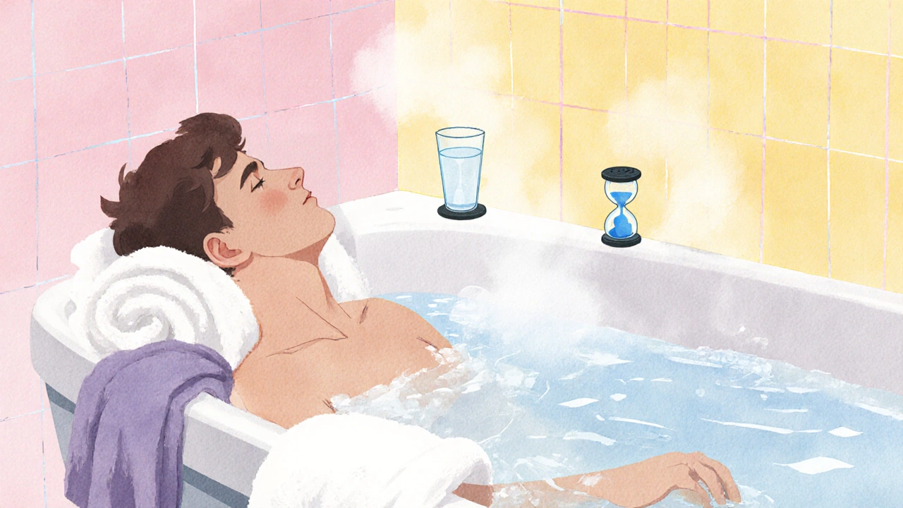 Person relaxing in a warm bathtub with a towel and a glass of water nearby.
