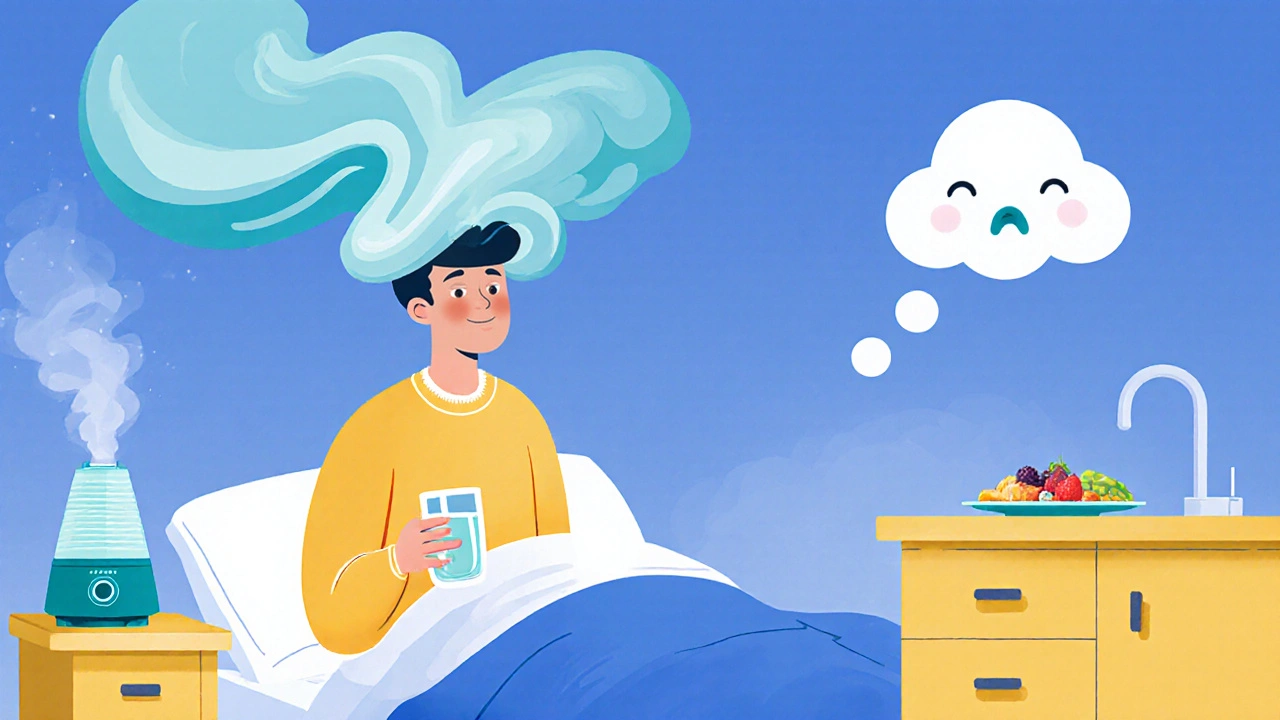 Person standing slowly with water, humidifier, and cough cloud illustrating side‑effect tips.