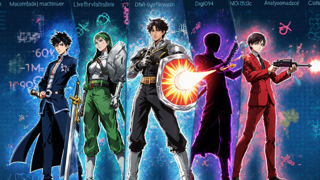 Personified antibiotic icons illustrate different drug mechanisms.