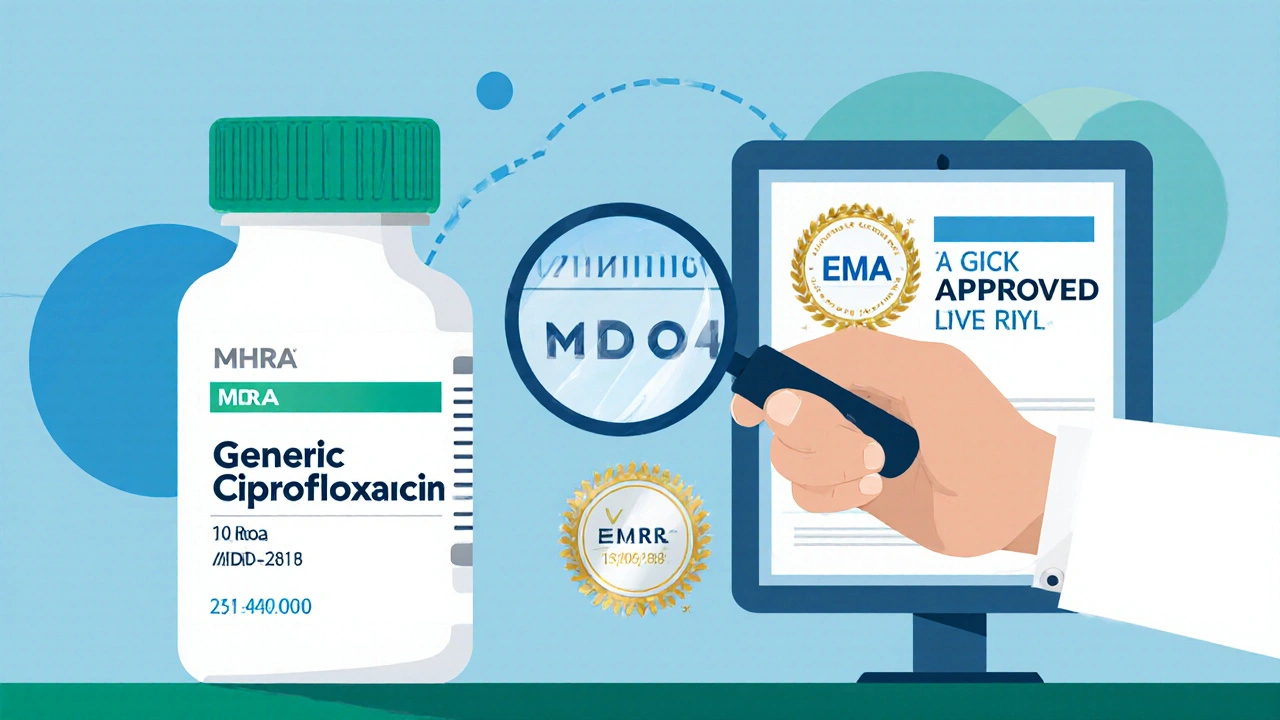 Pharmacist inspecting ciprofloxacin bottle with MHRA badge on tablet screen.