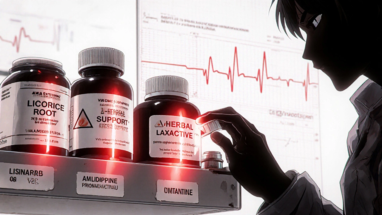 Pharmacy shelf with dangerous licorice supplements glowing red beside dimming blood pressure pills.
