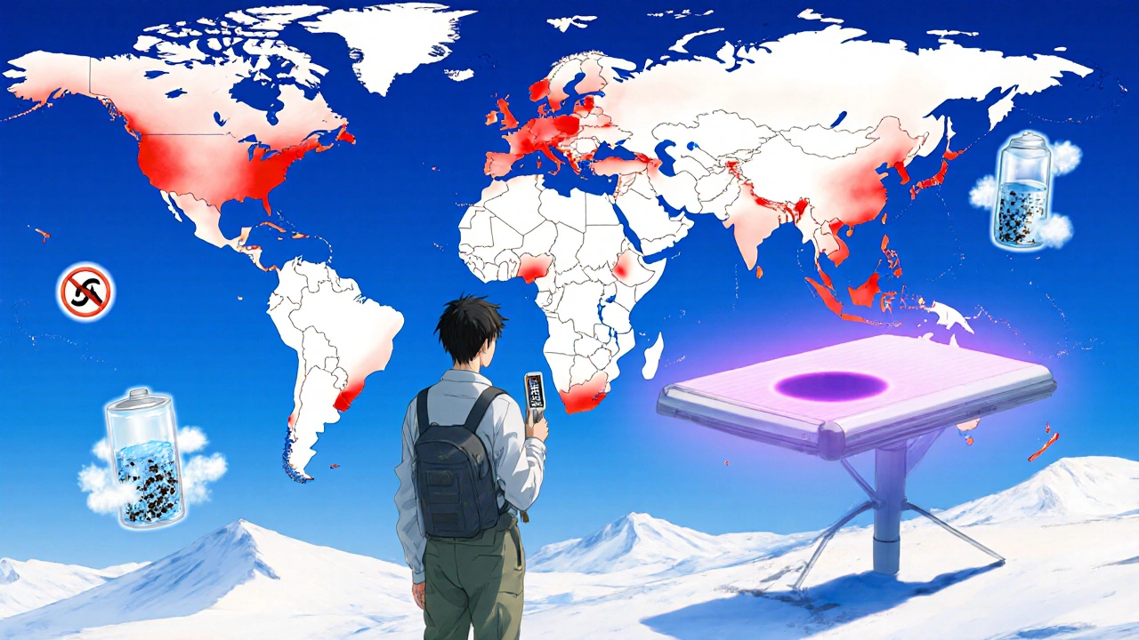 Researcher with UV meter on a high plateau, map, ozone hole, tanning bed, and chemical icons around.