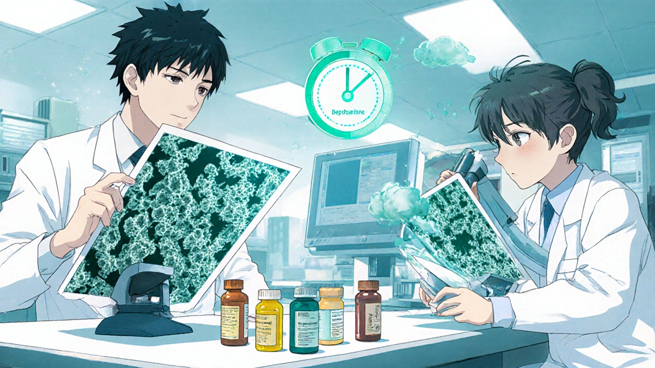 Researchers in a lab examining mold spores and bepotastine pills, showing fast onset and low sedation.