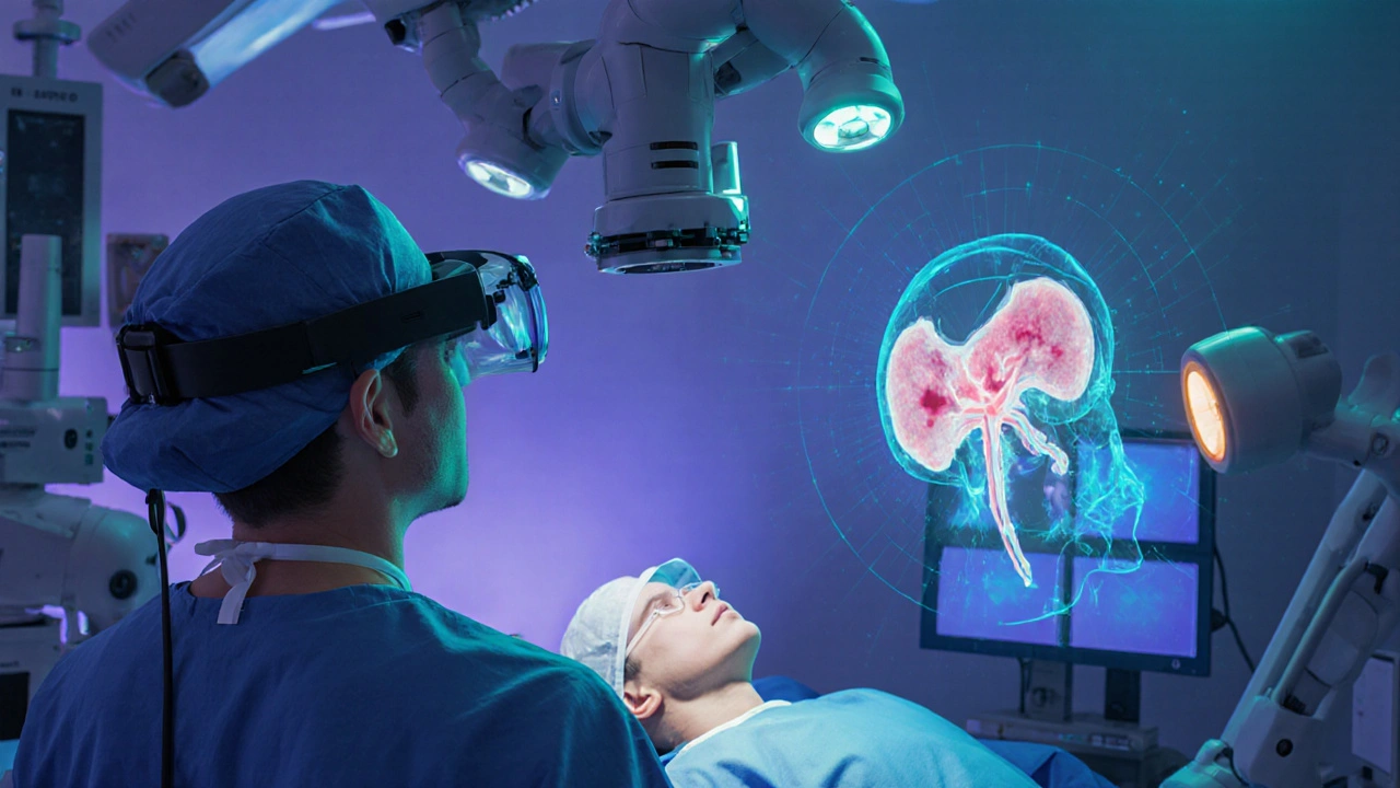 Robotic arm and AR holograms assist surgeon in futuristic pituitary operation.