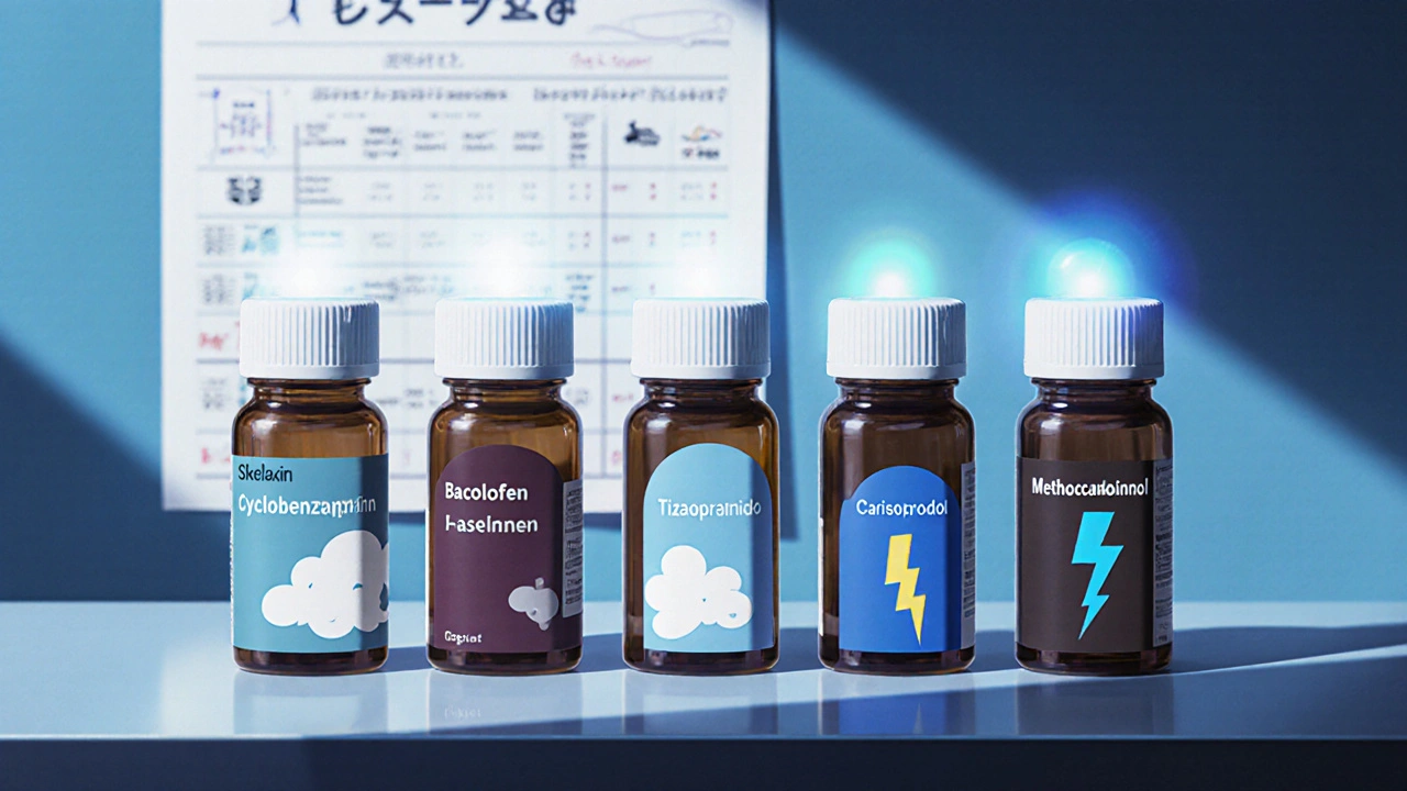 Row of six muscle relaxant bottles with colored auras indicating side effects.