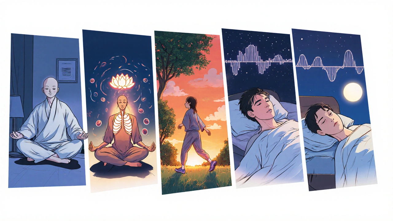 Series of panels showing meditation, breathing, muscle relaxation, walking, and sleeping.