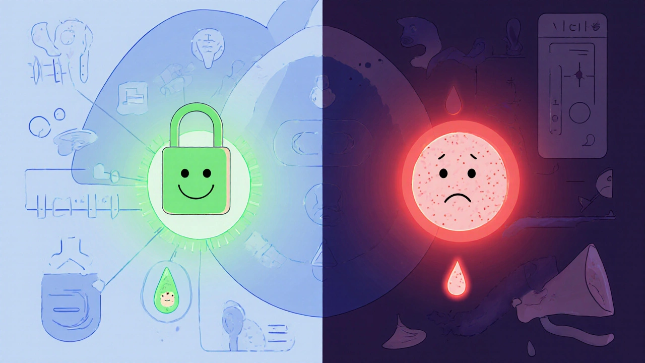 Split cartoon scene comparing Desogestrel’s clear skin and light flow with Levonorgestrel’s mood cloud and acne spot.