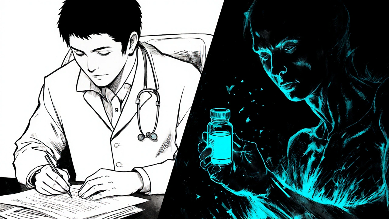 Split scene: doctor prescribing metoclopramide vs. patient in ICU with dopamine receptors breaking, ondansetron vial glowing.