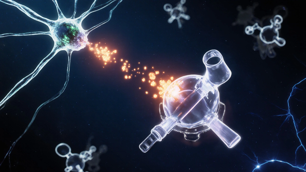 Synapse showing serotonin particles blocked by a sertraline-shaped molecule.
