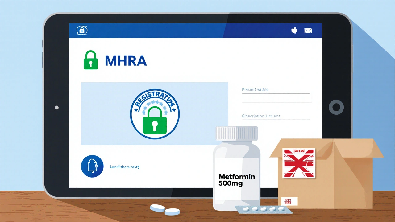 Tablet screen showing secure pharmacy badge and padlock, with metformin bottle and delivery box on a desk.