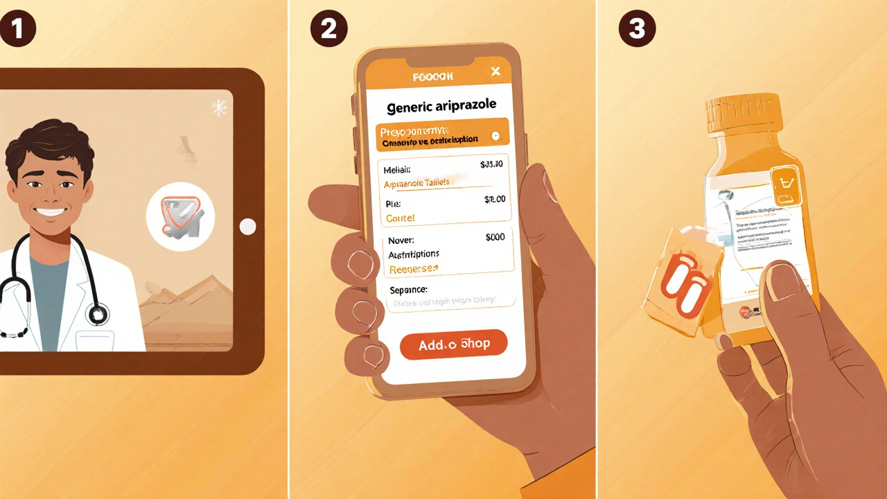 Three‑panel illustration of telehealth visit, app ordering, and delivery of generic pills.