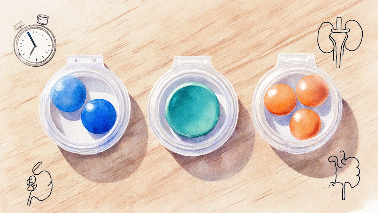 Three pill organizers showing different daily doses for antiviral medicines.