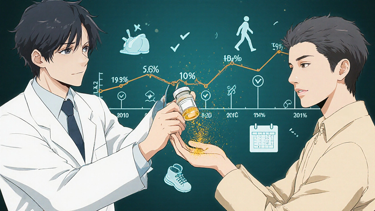 A doctor watches insulin dissolve into light as HbA1c levels drop, symbols of healthy habits surround the patient.