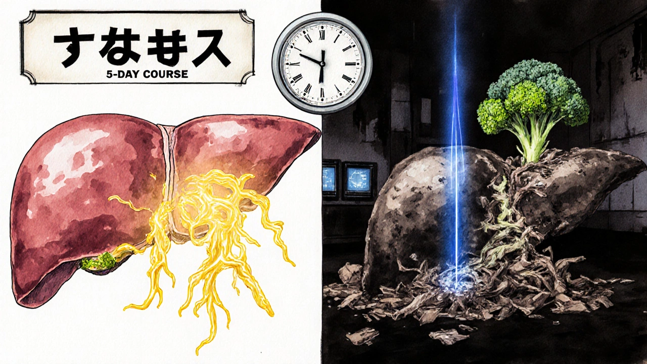 A healthy liver contrasts with a destroyed one, a broccoli sprout emits healing light as time passes after antibiotic use.