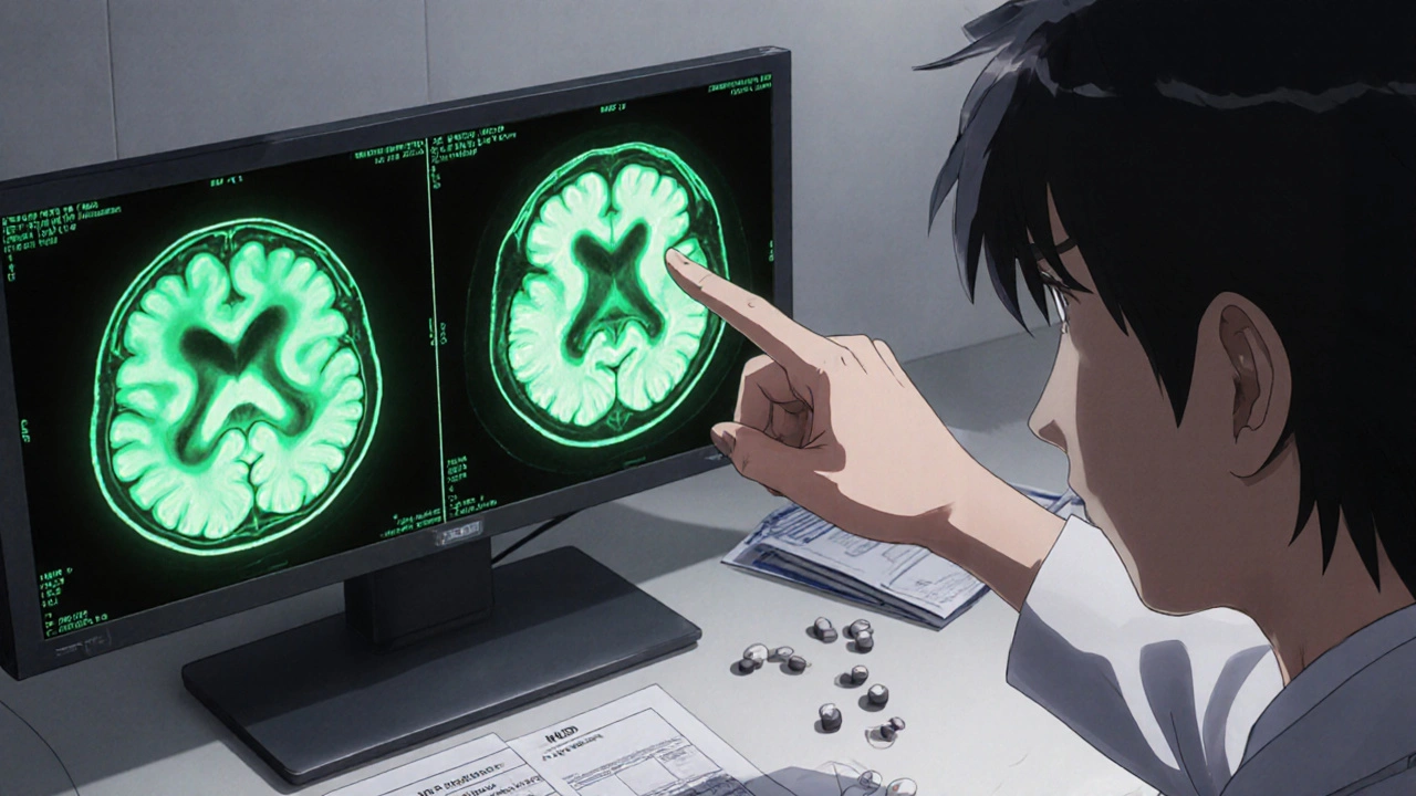 A neurologist points to an MRI showing the &#039;hot cross bun&#039; sign, patient’s anxious face in background, medical charts on table.