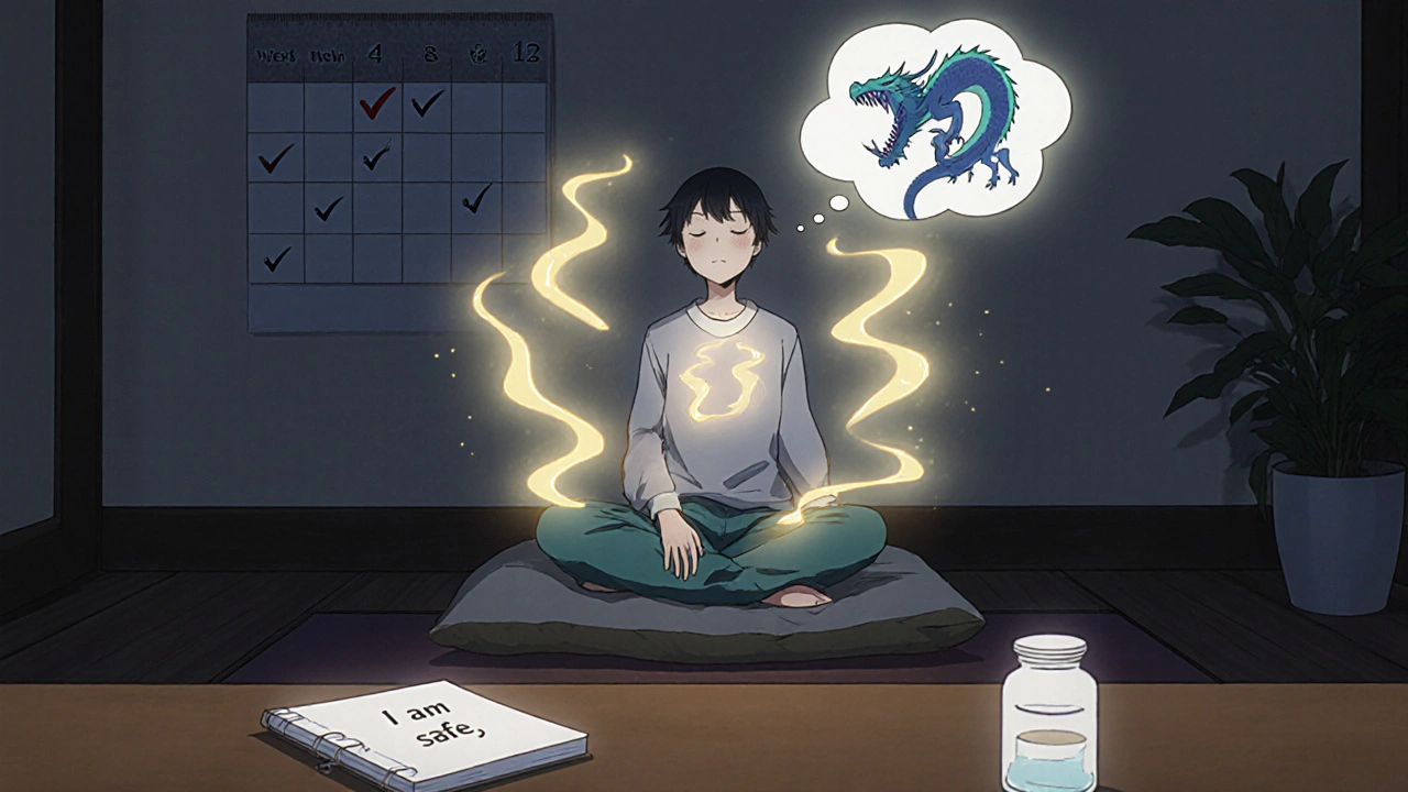 A person in therapy breathing calmly as a panic attack transforms into a butterfly above them, with a half-empty pill bottle and progress calendar nearby.