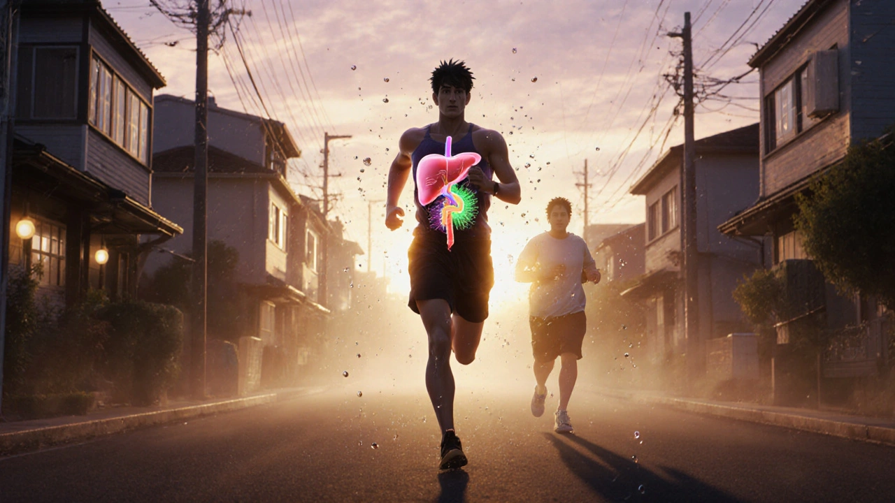 A person jogs at dawn, their healthy organs glowing in their shadow as their past self fades into mist.